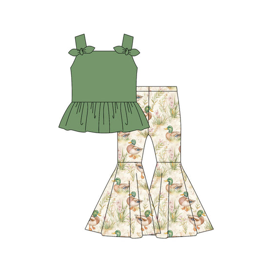 Preorder moq 5 Baby Girls Green Strap Bows Tunic Ducks Bell Bottom Pants Set