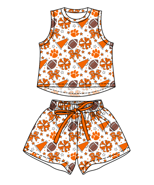 Preorder (moq 5)Baby Girls Sleeveless Footballs Bows Top Short Team Clothes Sets