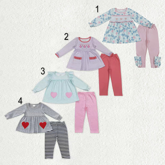 Sibling Baby Girls Embroidery Hearts Pockets Stripe Tunic Legging Pants Valentines Clothes Sets