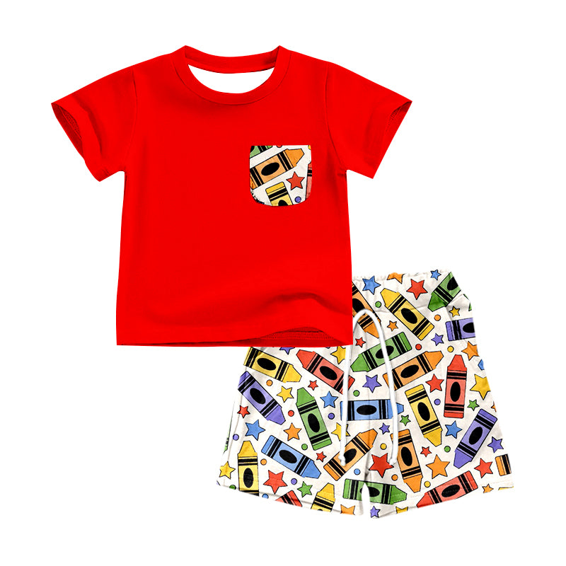 Baby Boys Back To School Crayon Pocket Shirt Shorts Clothes Sets preorder(moq 5)