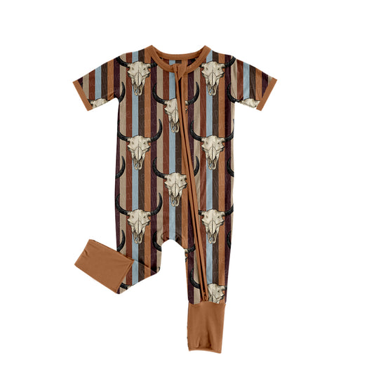 Baby Infant Boys Brown Stripes Cow Skull Short Sleeve Zip Rompers preorder(moq 5)