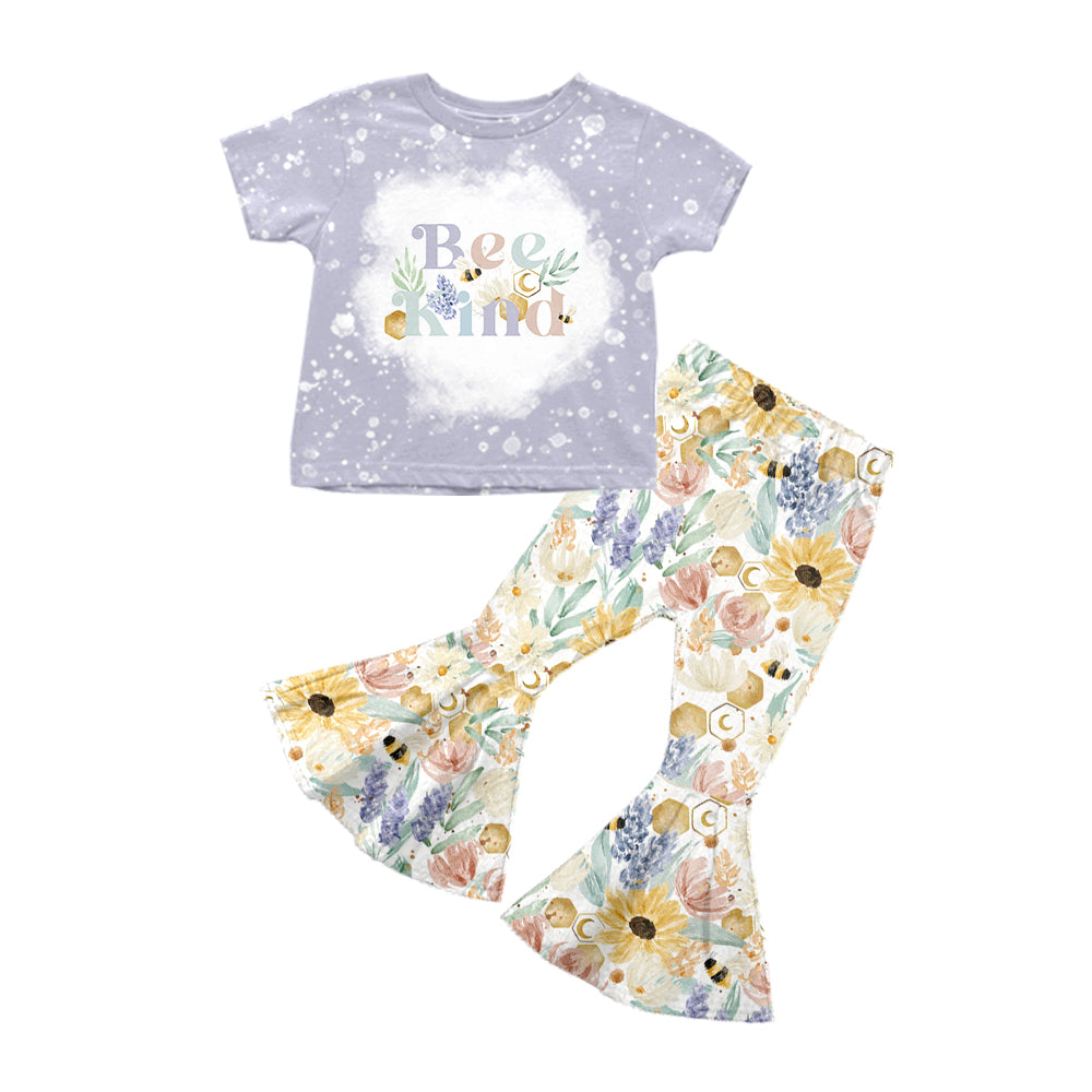 Baby Girls Spring Bee Kind Flowers Shirt Bell Pants Western Clothes Sets preorder(moq 5)