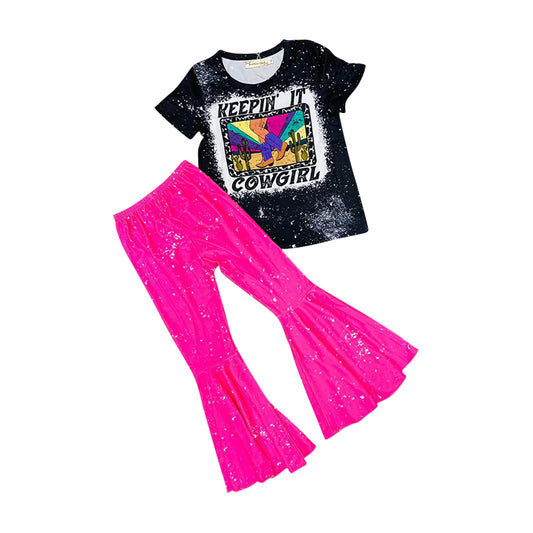 Baby Girls Black Color Cowgirl Tee Shirts Tops Bell Pants Clothes Sets preorder(moq 5)