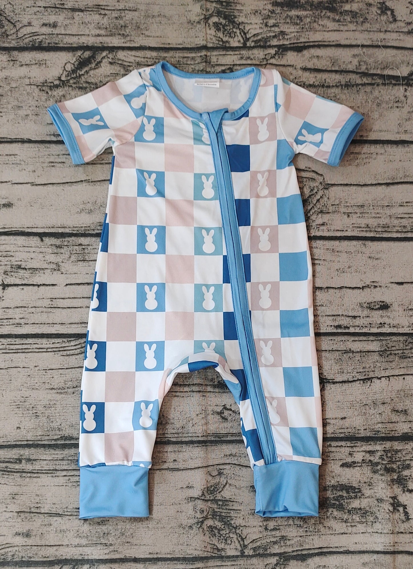 Baby Infant Kids Blue Checkered Rabbits Zip Rompers