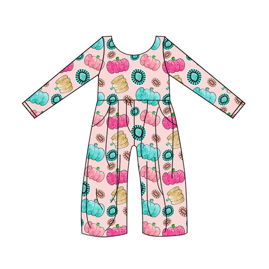 Baby Girls Pink Western Pumpkin Pockets Jumpsuits Preorder(moq 5)