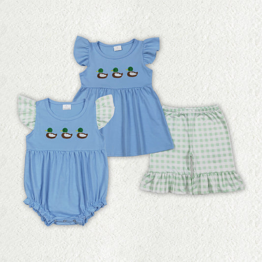 Sibling Baby Girls Flutter Sleeve Embroidery Ducks Hunting Checked Shorts Clothes Set Ruffle Rompers