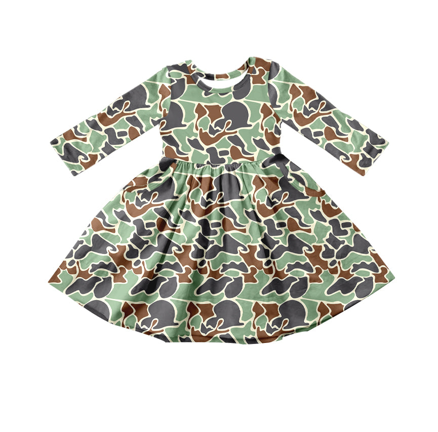 Baby Girls Fall Green Camo Hunting Long Sleeve Knee Length Dresses Preorder(moq 5)