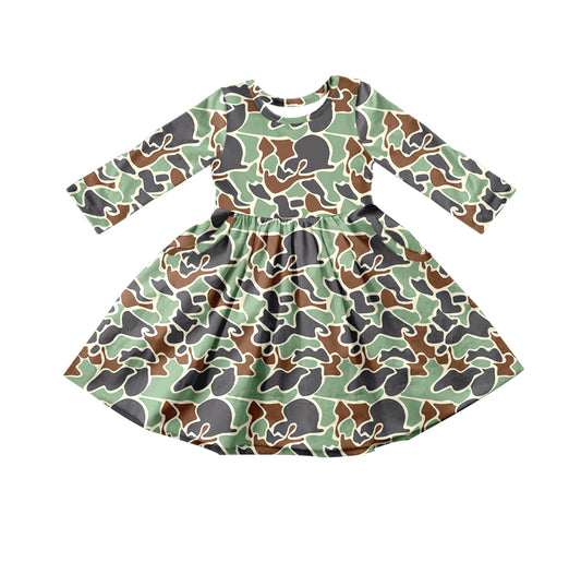 Baby Girls Fall Green Camo Hunting Long Sleeve Knee Length Dresses Preorder(moq 5)