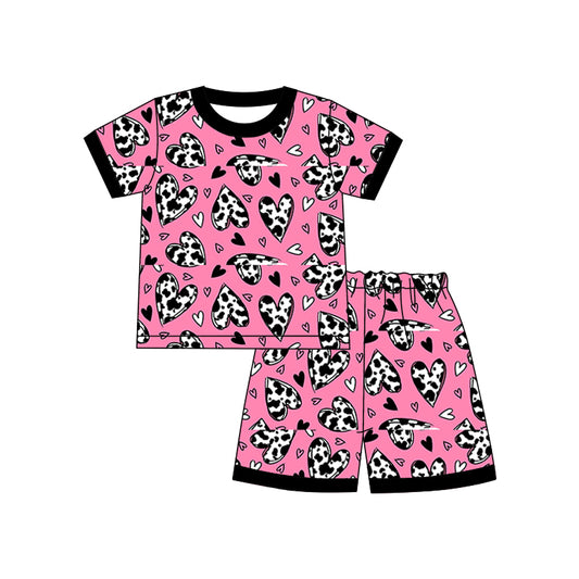 Baby Kids Western Pink Cow Print Hearts Shirt Shorts Pajamas Clothes Sets preorder(moq 5)