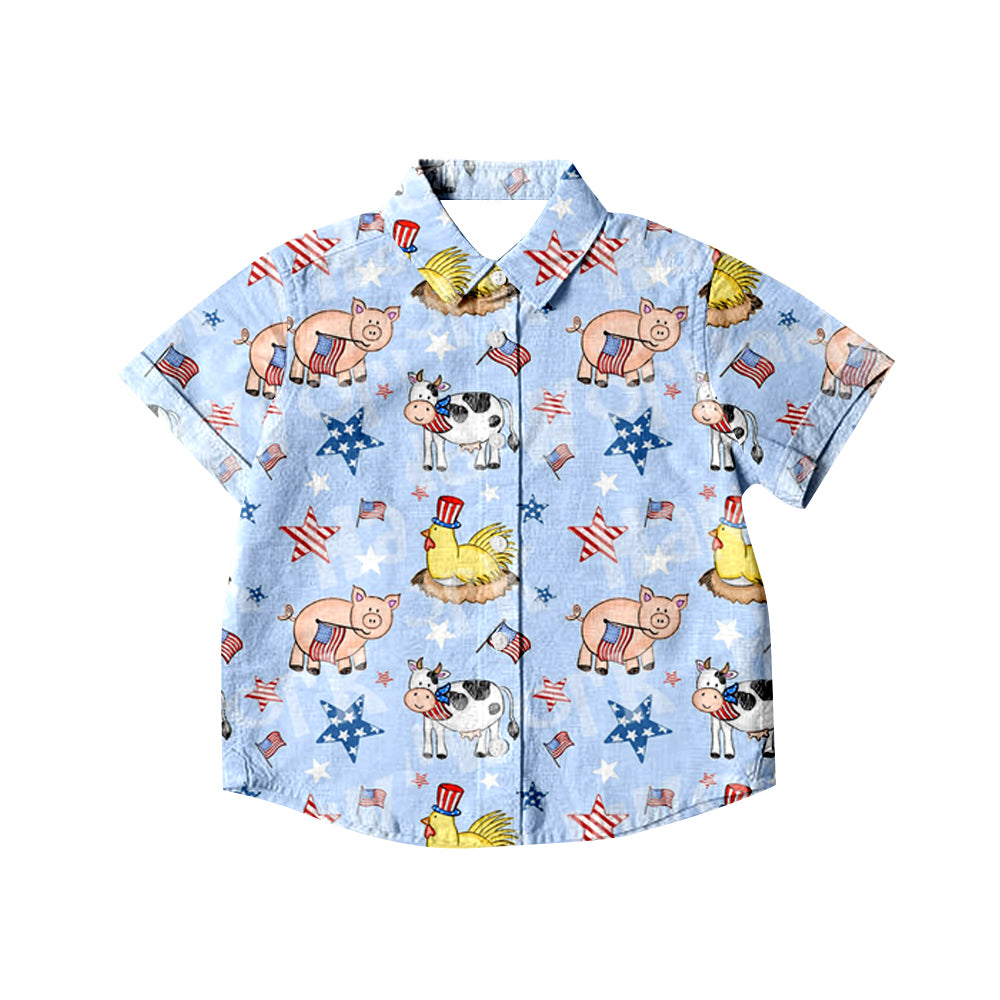 Baby Boys 4th Of July Farm Buttons Short Sleeve Tee Shirts Tops preorder(moq 5)