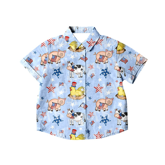 Baby Boys 4th Of July Farm Buttons Short Sleeve Tee Shirts Tops preorder(moq 5)