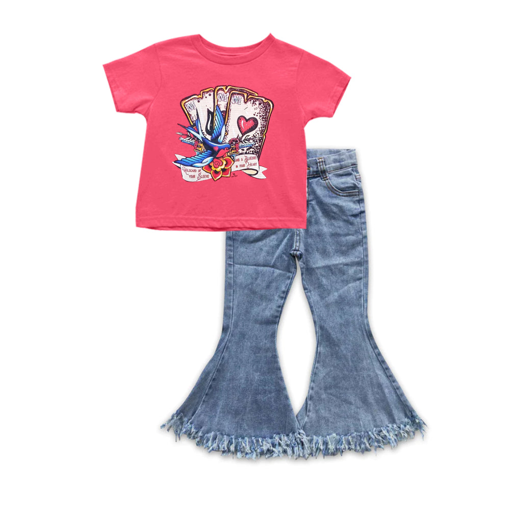 Baby Girls Red Valentines Tee Shirts Tops Fringe denim pants sets preorder(moq 5)