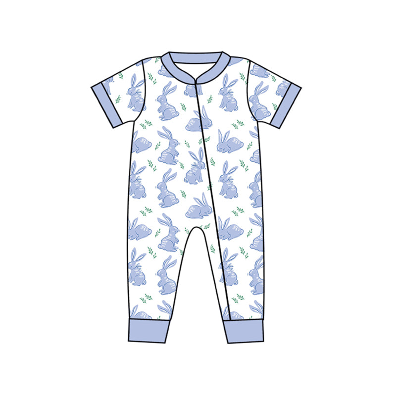 Baby Infant Boys Easter Blue Rabbits Ruffle Zip Rompers preorder(moq 5)