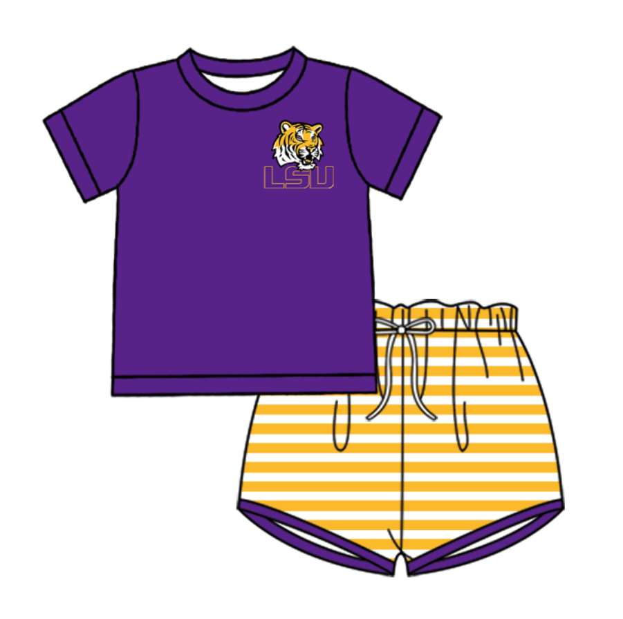 Preorder (moq 5)Baby Boys LSU Tigers Top Stripe Shorts Team Clothes Set