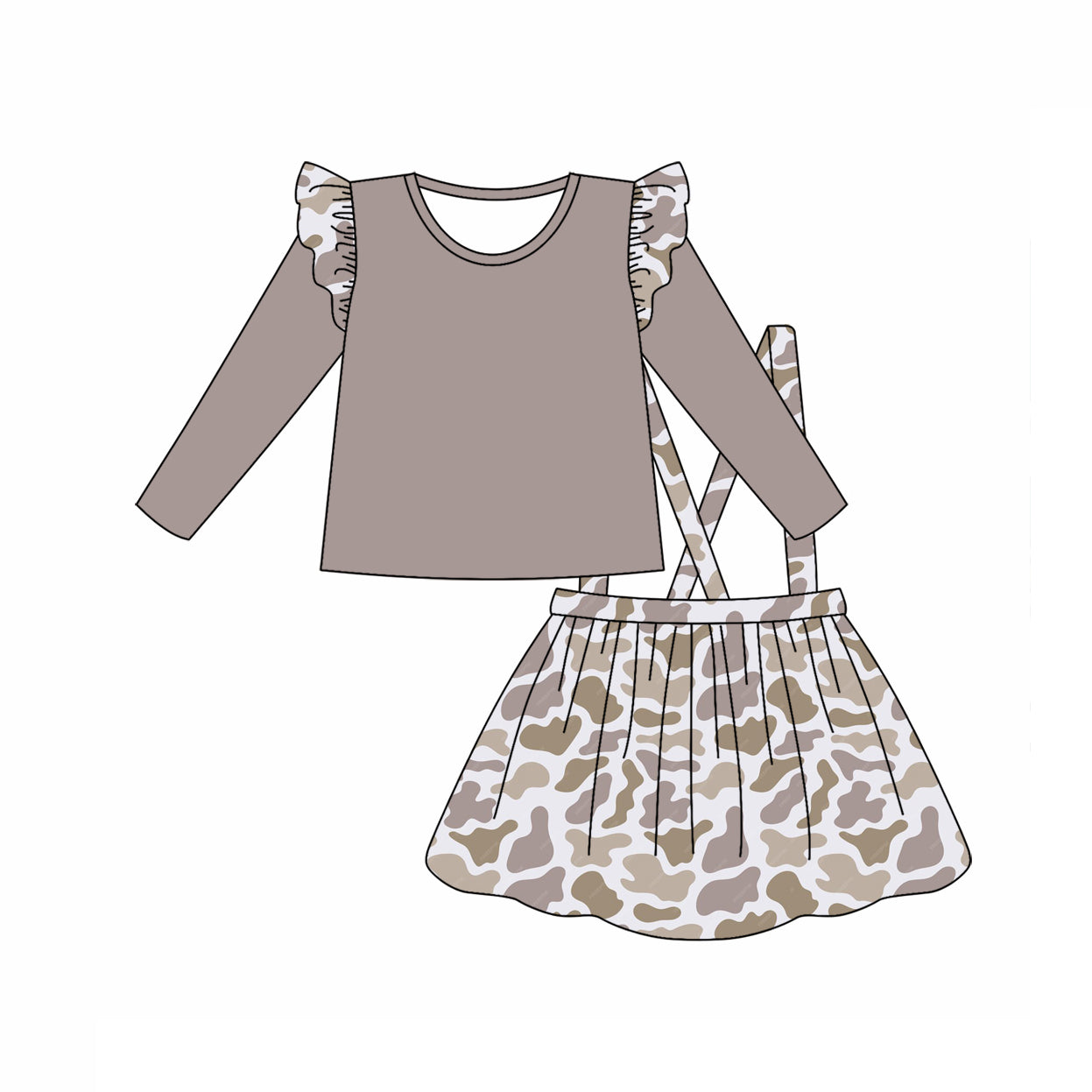 Baby Girls Khaki Top Bottomland Camo Suspender Skirt Clothes Sets preorder(MOQ 5)