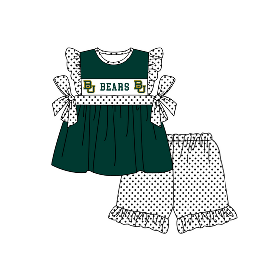 Preorder (moq 5)Baby Girls Flutter Sleeve Bears Tunic Polka Dots Ruffle Shorts Team Clothes Sets