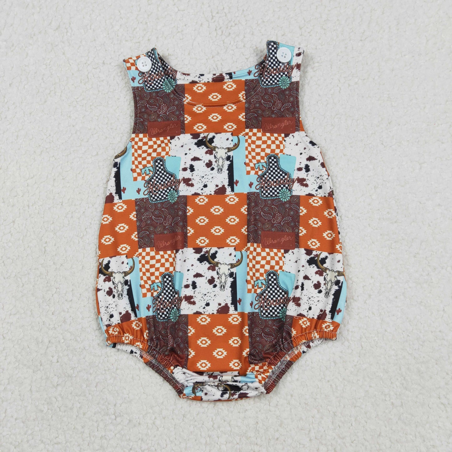 Baby Boys Sleeveless Aztec Bull Skulls Checked Western Rompers