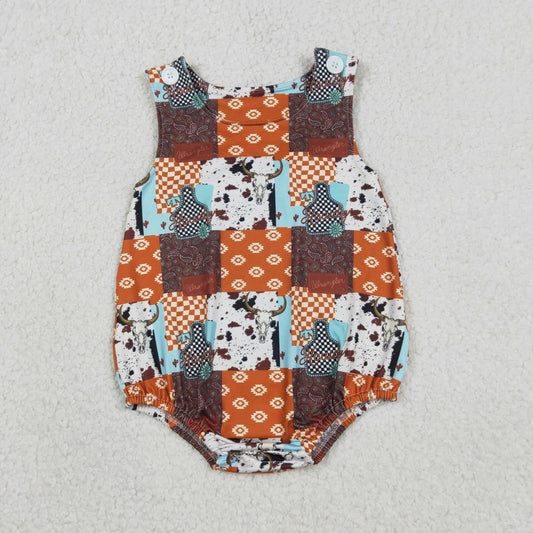 Baby Boys Sleeveless Aztec Bull Skulls Checked Western Rompers