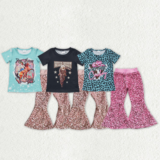 Sibling Baby Girls Horse Rodeos Tunic Sequin Bell Bottom Pant Western Clothes Set