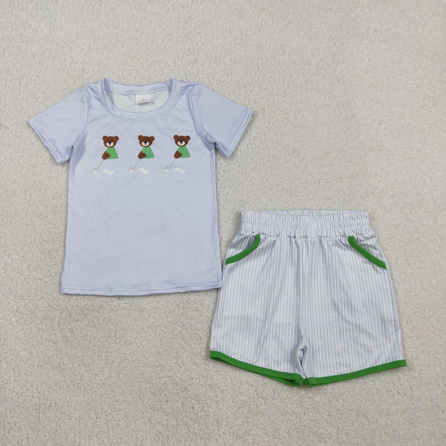 Baby Boys Blue Bears Golf Top Pockets Stripe Shorts Clothes Sets
