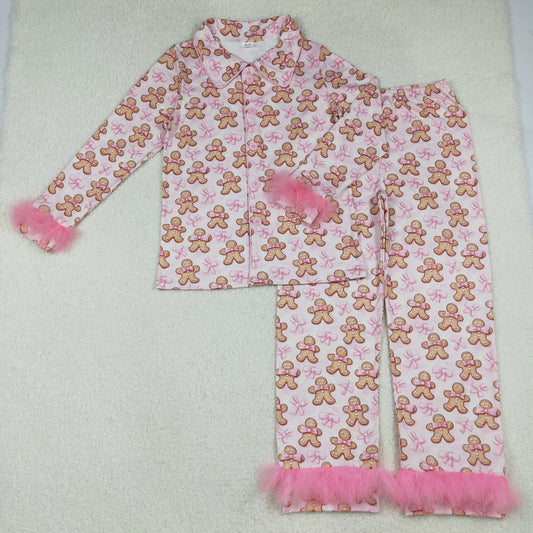 Adult Women Bows Gingerbread Button Top Pants Christmas Fur Pajamas Set