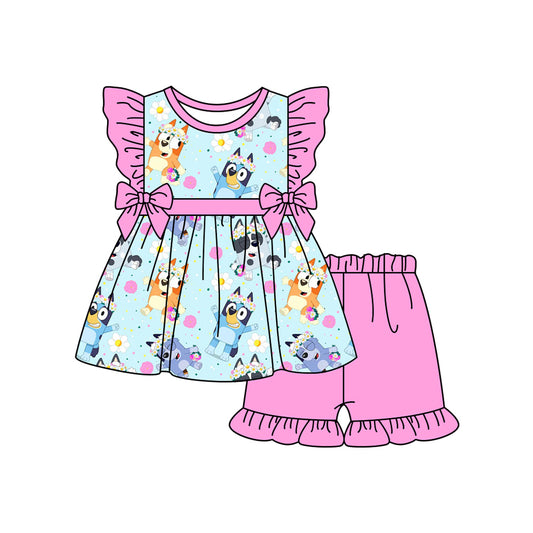 Preorder (moq 5)Baby Girls Spring Cute Dogs Bows Tunic Top Ruffle Shorts Clothes Sets