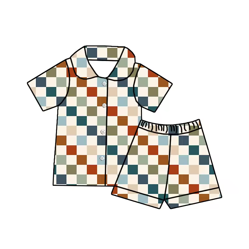 Baby Boys Checkered Buttons Shirt Shorts Pajamas Clothing Sets Preorder(moq 5)