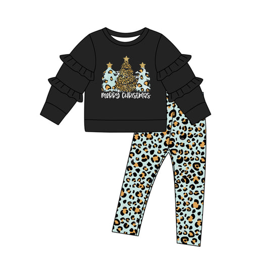 Baby Girls Grey Christmas Tree Shirt Top Leopard Legging Clothes Sets Preorder(moq 5)