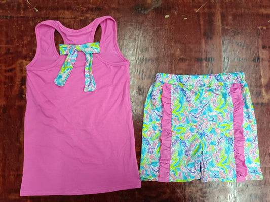 Preorder moq 5 Baby Girls Pink Sleeveless Bows Top Watercolor Floral Ruffle Short Set