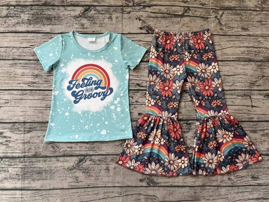 Baby Girls Feeling Groovy Top Rainbow Flowers Bell Pants Clothes Sets