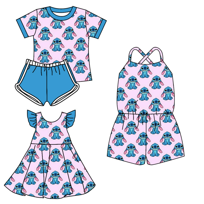 Preorder moq 5 Custom Baby Girls Pink Short Sleeves Cartoon Bunny Top Short Set Knee Length Dress Jumpsuits