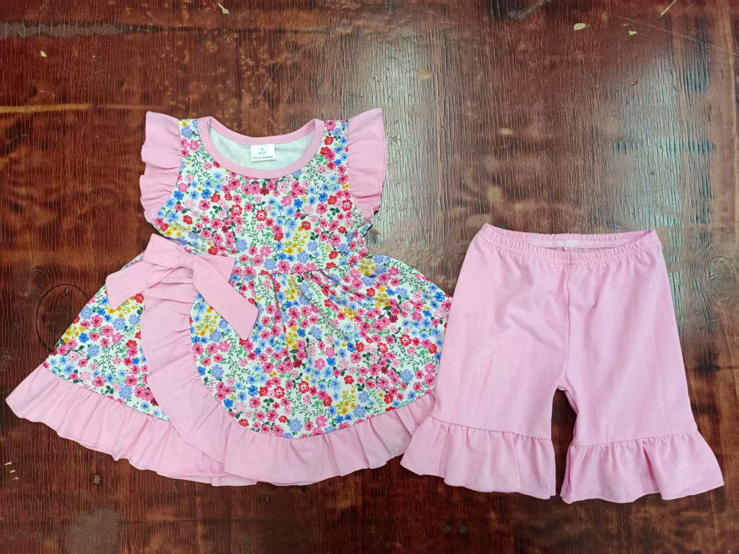 Preorder moq 5 Baby Girls Pink Flutter Sleeves Floral Bows Tunic Ruffle Short Set