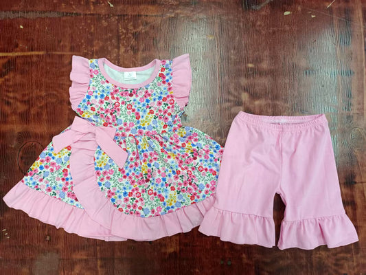 Preorder moq 5 Baby Girls Pink Flutter Sleeves Floral Bows Tunic Ruffle Short Set