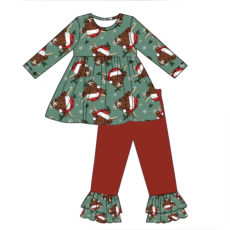 Baby Girls Christmas Western Cows Tunic Top Ruffle Pants Clothes Sets Preorder(moq 5)