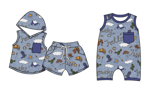 Preorder(moq 5 each)Baby Kids Boys Western Boots Blue Hooded Top Shorts Rompers Clothes Sets