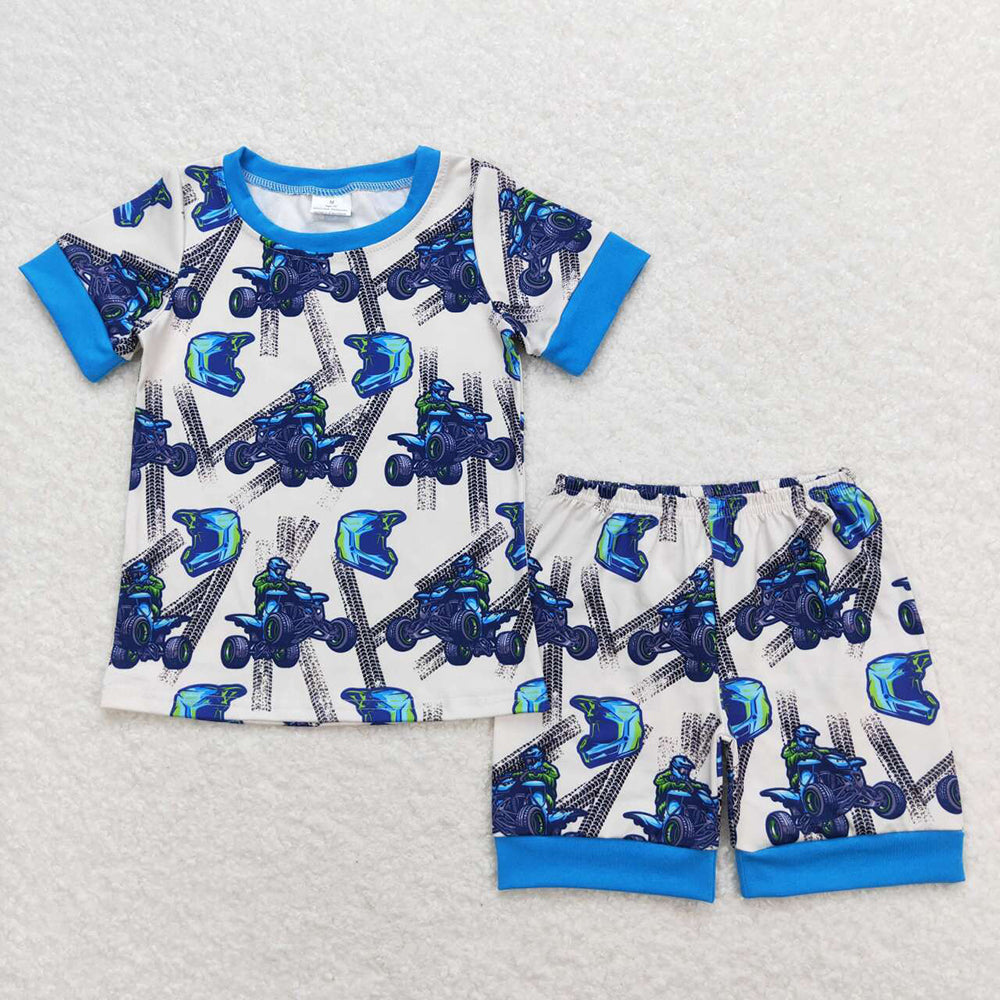 Baby Boys Blue Motobike Sibling Rompers Pajamas Clothes Sets