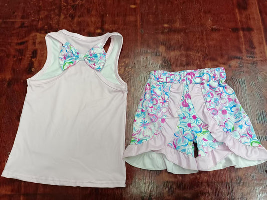 Preorder moq 5 Baby Girls Peach Sleeveless Floral Bow Top Ruffle Short Ser