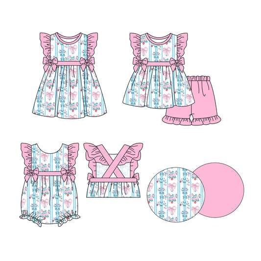 Preorder moq 5 Custom Baby Girls Floral Stripe Bows Tunic Pink Ruffle Short Sets Knee Length Dress Rompers