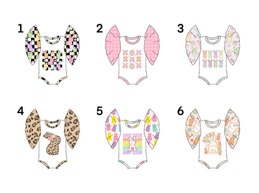 Preorder(moq 5 each item) Baby Girls Easter Flutter Sleeve Bunny Rompers