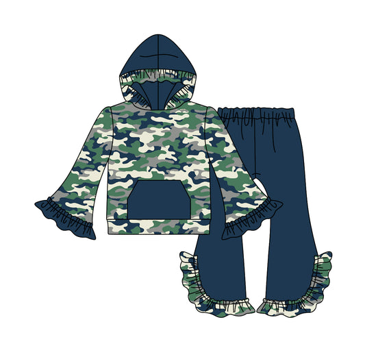 Baby Girls Navy Camo Pocket Hooded Top Ruffle Pants Clothes Sets Preorder(moq 5)