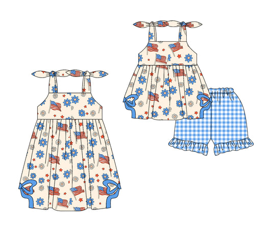 Preorder moq 5 Custom Baby Girls Strap Blue Red Flags Flowers Tunic Ruffle Plaid Short 4th Of July Set Knee Length Dress