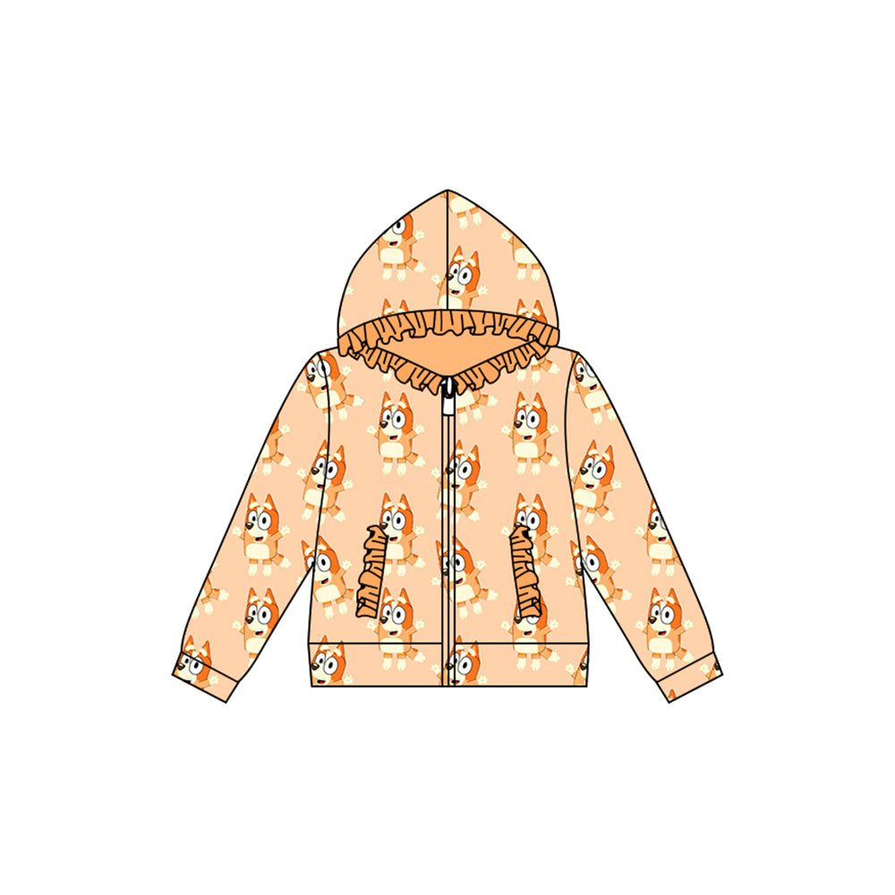 Preorder (moq 5)Baby Girls Orange Animals Dogs Hooded Zip Ruffles Tops Jackets