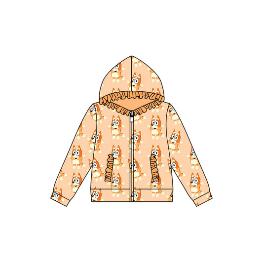 Preorder (moq 5)Baby Girls Orange Animals Dogs Hooded Zip Ruffles Tops Jackets