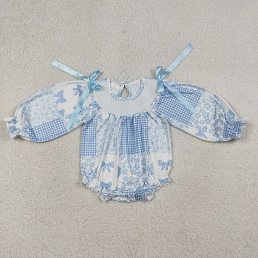 Smocked Checked Baby Girls Blue Bows Flowers Ruffle Rompers
