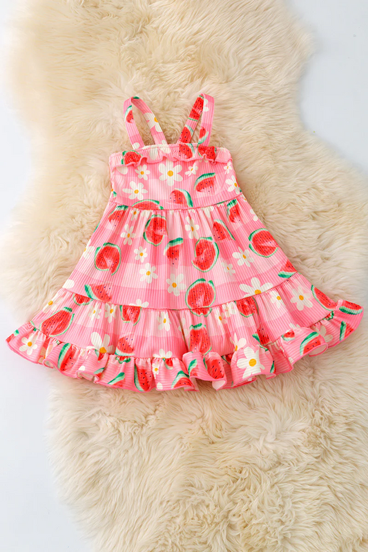 Preorder (moq 5)Baby Girls Peach Sleeveless Floral Watermelons Knee Length Dresses