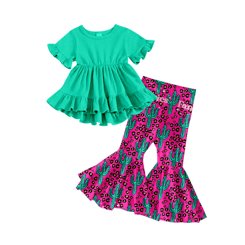 Baby Girls Green Hi-low Tunic Top Cactus Bell Pants Clothes Sets preorder(moq 5)