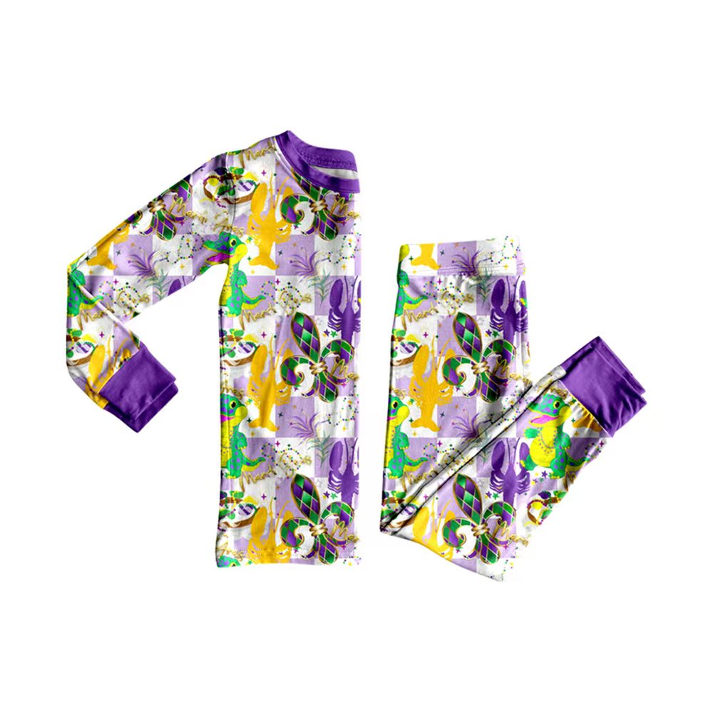 Preorder (moq 20)Baby Boys Bamboo Purple Checked Crayfishes Mardi Gras Pajamas Sets