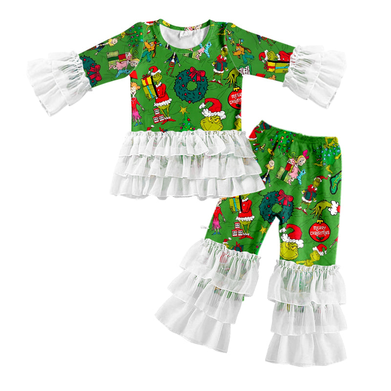 Baby Girls Christmas Green Face Lace Ruffle Top Pants Clothes Sets preorder(MOQ 5)