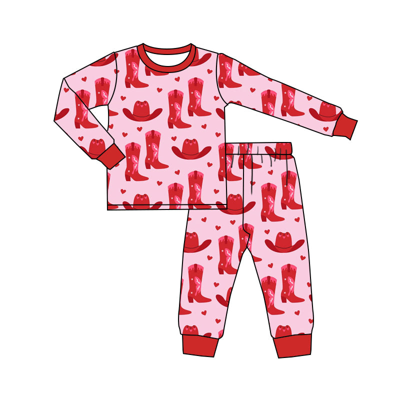 Baby Girls Pink Western Boots Tee Top Pants Pajamas Clothes Sets preorder(MOQ 5)