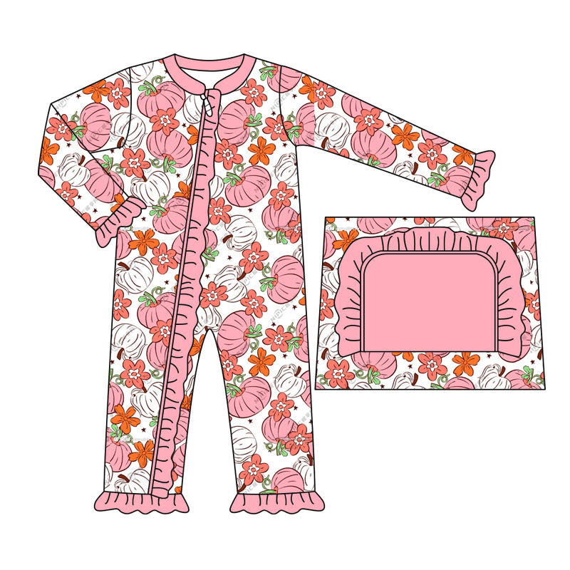 Baby Girls Pink Pumpkins Flowers Long Sleeve Zip Rompers preorder(moq 5)